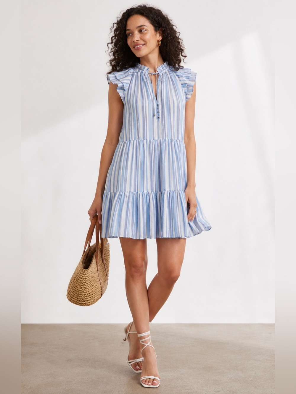 Veronica Beard Striped Tiered Mini Dress Size 10 Blue White Ruffle Neck NWT